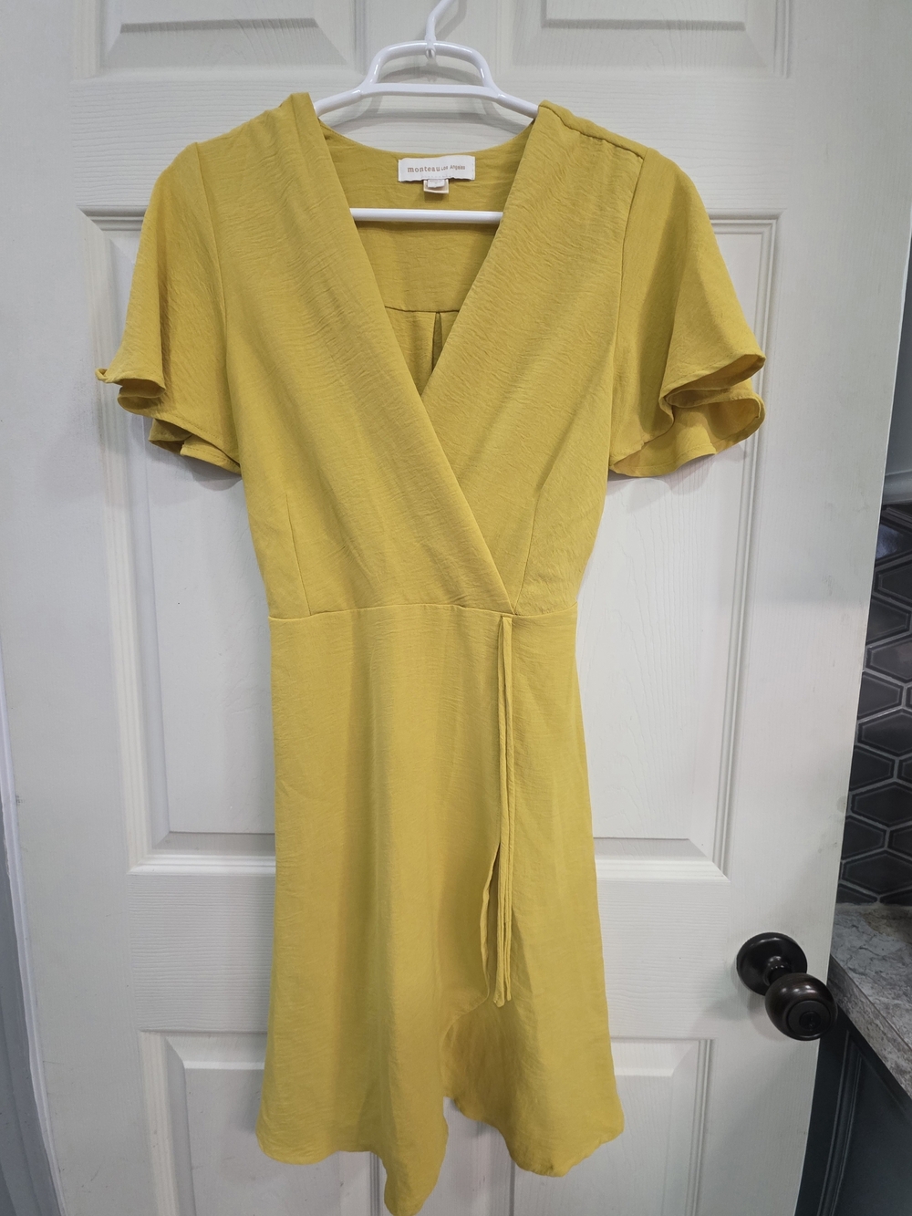 Monteau Yellow Faux Wrap-Style Dress With Flutter Sleeves